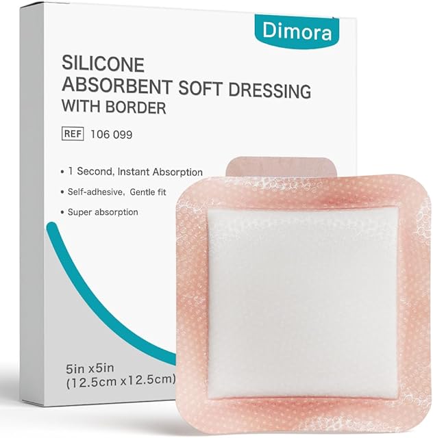 Dimora Silicone Super Absorbent Wound Dressings - Gentle Adhesive Bandages with Ultrasorb Polymer,Heavy Exudate Wound Care Pads 5"X 5" 10 Packs