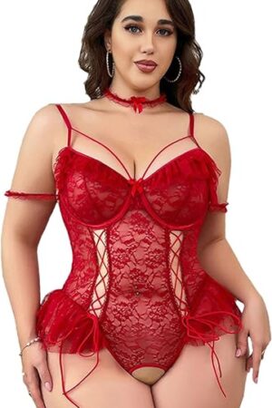 Floral Lace Lingerie for Women One Piece Teddy Babydoll Nightgown Solid Color Plus Size Sexy Hollow Out Bodysuit