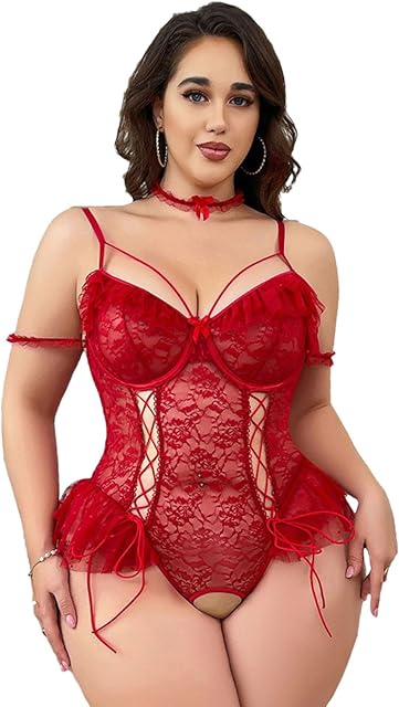 Floral Lace Lingerie for Women One Piece Teddy Babydoll Nightgown Solid Color Plus Size Sexy Hollow Out Bodysuit