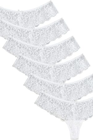 6 Pack Womens Thong Underwear Lace Hollowed Out T Back Low Waist Ice Silk Sexy Cheeky Thong See Through Panties T-Back