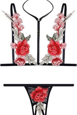 Women's Sexy Choker Halter Lace Spaghetti Strap Flower Applique Lingerie Set Slutty Exotic Teddy Babydoll Bodysuit