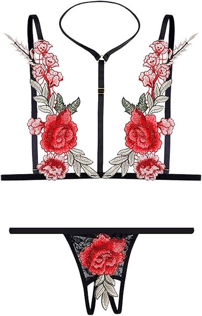 Women's Sexy Choker Halter Lace Spaghetti Strap Flower Applique Lingerie Set Slutty Exotic Teddy Babydoll Bodysuit