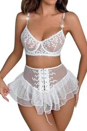 Women Babydoll Lingerie set 3 Piece Sheer Lace Underwire Bra Panty sets with Mesh Mini Skirt