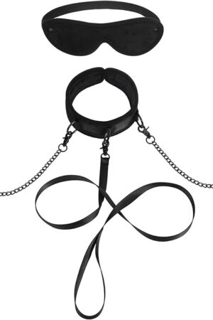 Faux Fur Bondage Collar Leash Set with Nipple Clamps and Blindfold, for Adults BDSM Play Sex Toys