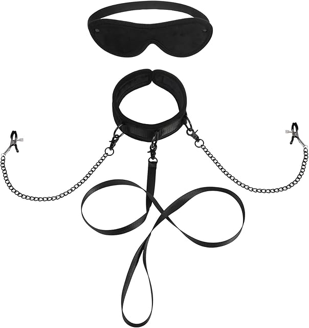Faux Fur Bondage Collar Leash Set with Nipple Clamps and Blindfold, for Adults BDSM Play Sex Toys