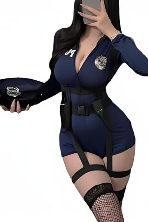 Women's Sexy Police Cosplay Costume Erotic Officer Outfit Policewoman Dress with Stockings Hat Halloween Club