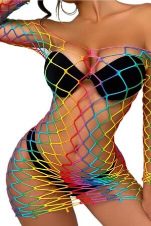 Womens Sexy Lingerie Set Fishnet BabyDoll Bodysuit Nightwear Christmas rainbow color