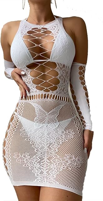 Fishnet Cover Up Off Shoulder Hollow Out Bodysuit Sexy Teddy Lingerie Mesh Mini Dress For Women