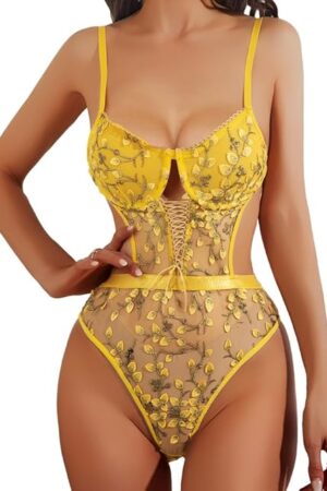 Women's Embroidered Lace Lingerie Bodysuit  Sheer Mesh One-Piece Teddy, Adjustable Straps, Floral Lace, Nightwear