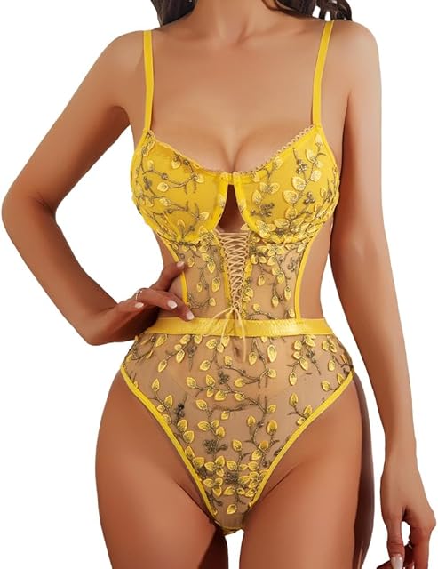 Women's Embroidered Lace Lingerie Bodysuit Sheer Mesh One-Piece Teddy, Adjustable Straps, Floral Lace, Nightwear