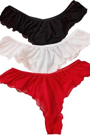 Women's 3 Pack Sexy Lace Satin Panties Ruffle Lettuce Trim Panties Sheer Mesh Briefs Underwear Set