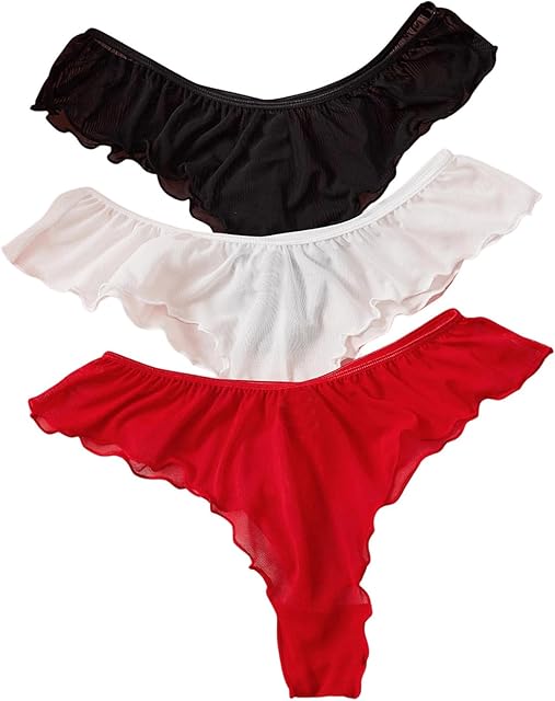 Women's 3 Pack Sexy Lace Satin Panties Ruffle Lettuce Trim Panties Sheer Mesh Briefs Underwear Set