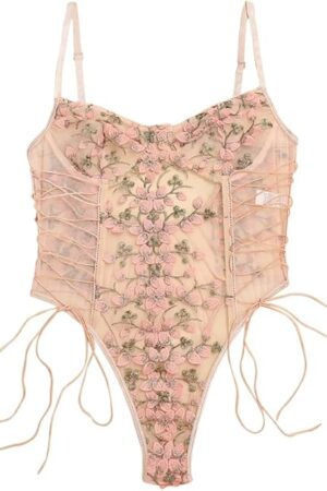 Floral Embroidery Lace Up Bodysuit Lingerie for Women