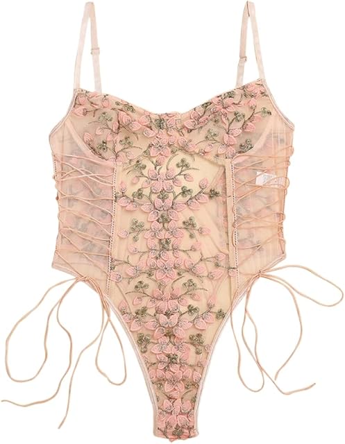 Floral Embroidery Lace Up Bodysuit Lingerie for Women