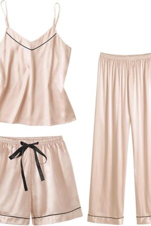 Womens 4pcs Pajamas Sets Short Sleeve Camisole with Button Down Shirt Pjs Silk Satin Sleepwear Loungewear