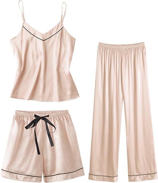 Womens 4pcs Pajamas Sets Short Sleeve Camisole with Button Down Shirt Pjs Silk Satin Sleepwear Loungewear