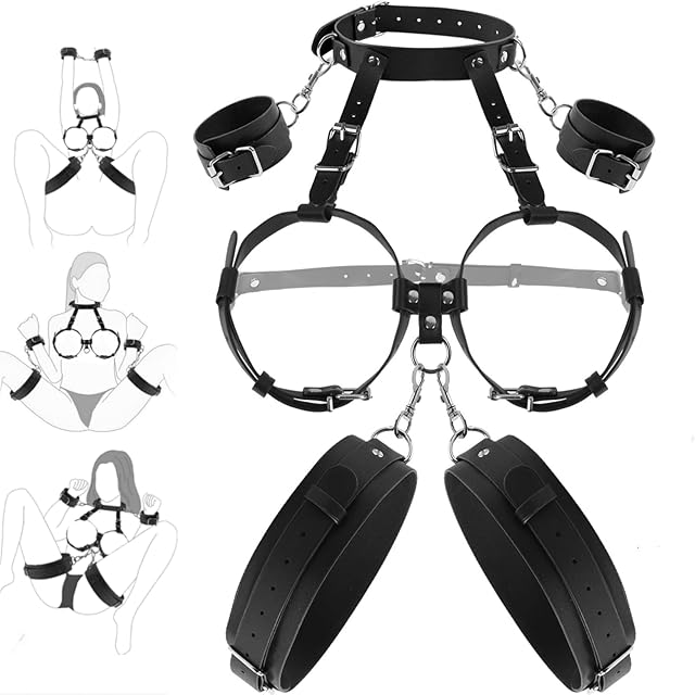 BDSM Sex Bondage Breast Restraints Wrist & Thigh Cuffs, B to E Cup Boobs Sex Things for Couples Kinky, Neck to Thigh Bed Restraints Leg Straps Bondage Gear Accessories Sex Toys for Women SM Game Play