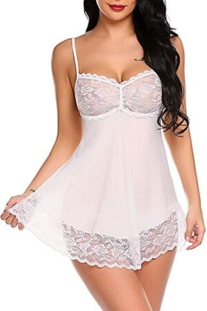 Women's Mesh Sheer Babydoll Lingerie Sexy Lace Chemise Nightgown Off Shoulder Boudoir Pajama Dress for Sex Naughty