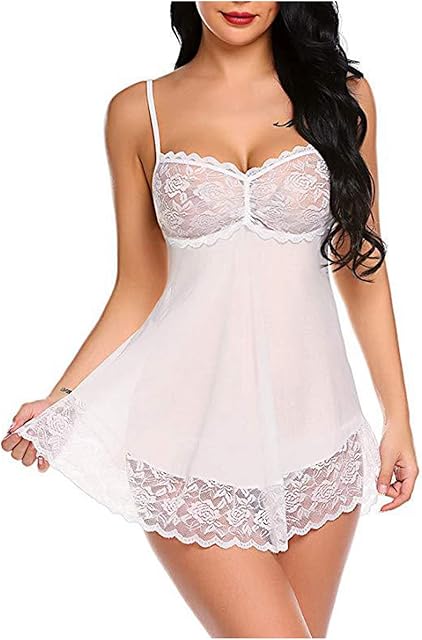 Women's Mesh Sheer Babydoll Lingerie Sexy Lace Chemise Nightgown Off Shoulder Boudoir Pajama Dress for Sex Naughty