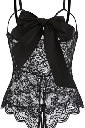 Women One Piece Lingerie Sexy Lace Bodysuit Open Bow Babydoll Nightgown Size S-M