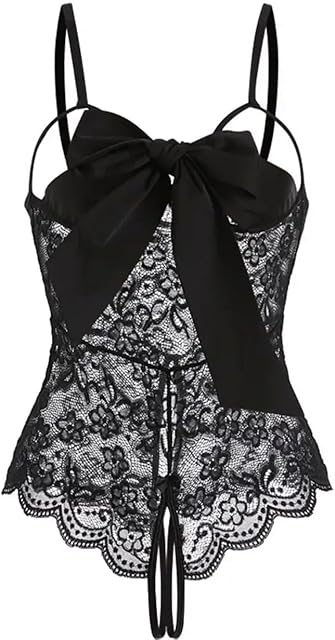 Women One Piece Lingerie Sexy Lace Bodysuit Open Bow Babydoll Nightgown Size S-M