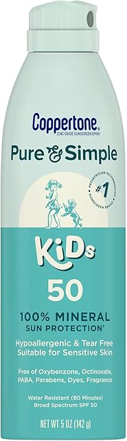 Coppertone Pure and Simple Kids Spray Sunscreen, SPF 50 Broad Spectrum Sunscreen for Kids, 5 Oz