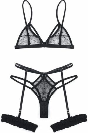 Women's Lingerie Set with Garter Belts Lace Mesh Polka Dot Sexy Bra and Panty Set Teddy Babydoll Hollow Strappy Underwear