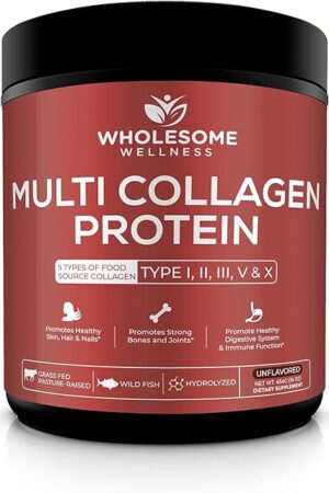 Wholesome Wellness Multi Collagen Protein Powder Hydrolyzed (Type I II III V X) Grass-Fed All-in-One Super Bone Broth + Peptides - Premium Blend of Beef, Chicken, Wild Fish, Eggshell, 58 Servings
