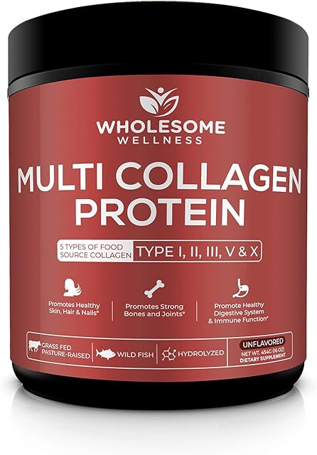 Wholesome Wellness Multi Collagen Protein Powder Hydrolyzed (Type I II III V X) Grass-Fed All-in-One Super Bone Broth + Peptides - Premium Blend of Beef, Chicken, Wild Fish, Eggshell, 58 Servings