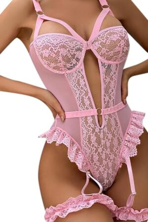Women Sexy Lingerie Underwear Jumpsuit Nightwear Lace Bra Thigh Straps One Piece Lace Babydoll Bodysuit, Pink S