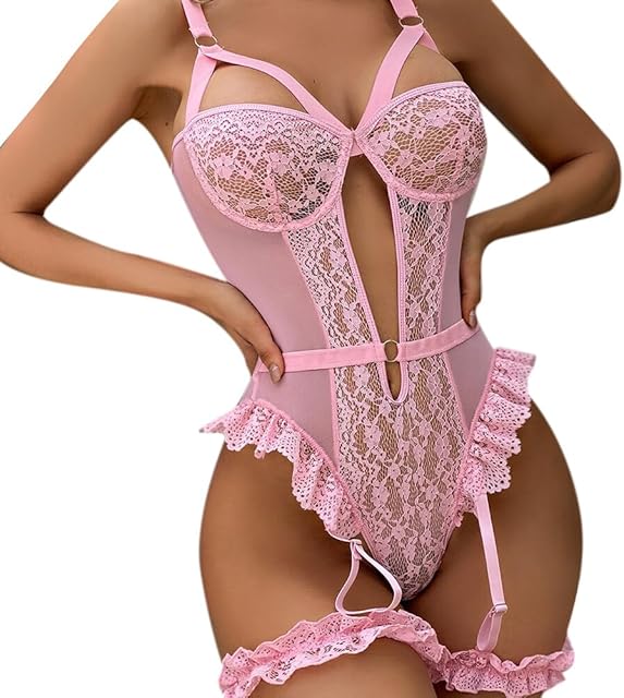 Women Sexy Lingerie Underwear Jumpsuit Nightwear Lace Bra Thigh Straps One Piece Lace Babydoll Bodysuit, Pink S