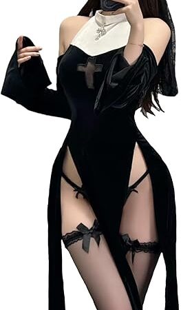 Women Lingerie Dress Goth Off Shoulder Hollow Out High Split Sexy Nun Outfit Fancy Naughty Adult Halloween Costumes