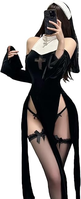Women Lingerie Dress Goth Off Shoulder Hollow Out High Split Sexy Nun Outfit Fancy Naughty Adult Halloween Costumes