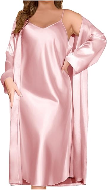 Women's Plus Size Satin Pajama Sets Loose V Neck Cami Nightgown Sleepwear Long Silky Robe 2 Piece Loungewear Nighty