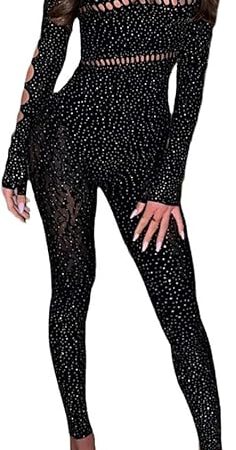 Women's Sexy Long Sleeve Jumpsuit, One Shoulder Sparkly Rhinestone Sexy Bodycon Jumpsuit Party Club Outfit