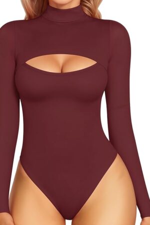 Women's Mock Neck Cutout Front Bodysuit Long Sleeve Sleeveless Turtle Neck Body Suits Sexy Tops