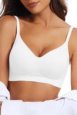Womens Seamless Bra Push Up V Neck Bralettes Adjustable Wireless Padded Comfort Bras Adjustable Basic Everyday Bras White L