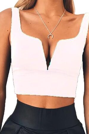 Women Sexy Deep V Neck Sleeveless T Shirt Slim Crop Top Side Zip Casual Tank Tops