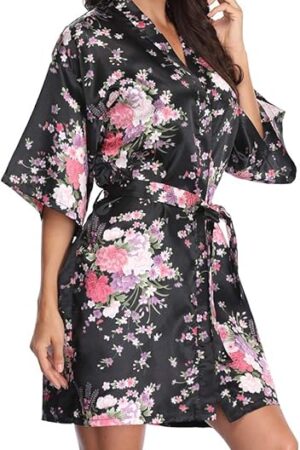 Womens Kimono Robe Floral Silky Satin Bathrobes Wedding Robes for Bride Bridesmaids Soft Dressing Gown