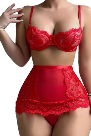 Women's Sexy 3 Piece Underwire Lingerie Set Lace Floral Bra and Panty with Garter Belt