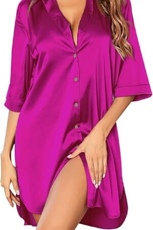Women's Satin Nightgown Button Down Sleepshirt Silk Half Sleeve Nightshirt Boyfriend Sleepwear