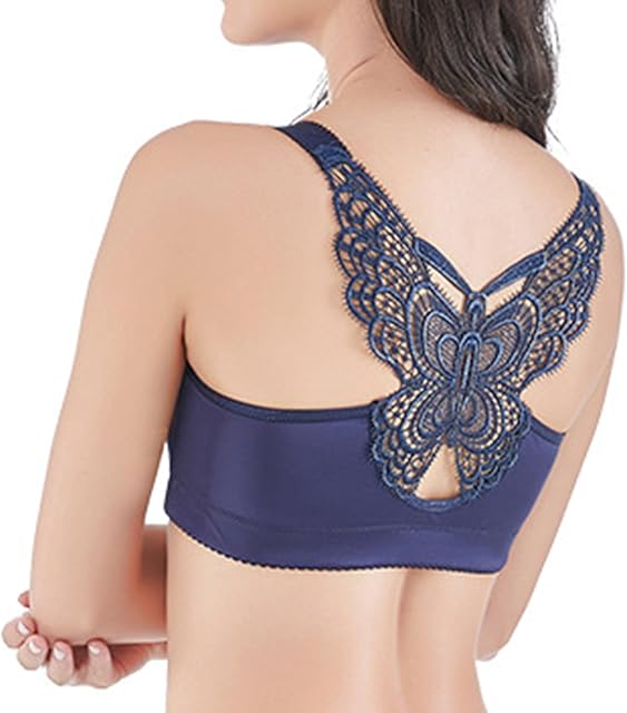 Women Butterfly Bra Front Closure Wireless Sexy Push Up Bra for Thin Fashionable Casual Convertible Bra Soft Everyday Bra Blue, 36