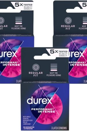 Durex Performax Intense Condoms, Ultra Fine, Ribbed, Dotted with Delay Lubricant Natural Rubber Latex Condoms for Men, FSA & HSA Eligible, 3 Count (Pack of 3)