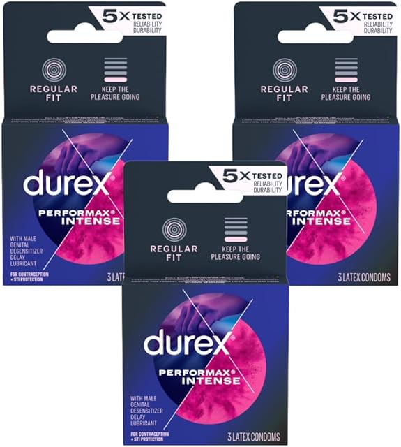 Durex Performax Intense Condoms, Ultra Fine, Ribbed, Dotted with Delay Lubricant Natural Rubber Latex Condoms for Men, FSA & HSA Eligible, 3 Count (Pack of 3)