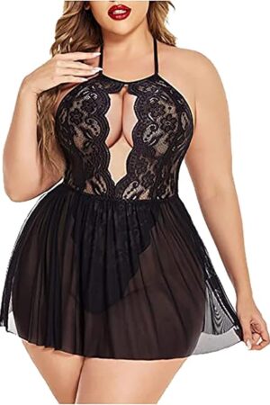 Women Plus Size Lingerie Lace Chemise Sexy Mesh Sleepwear Halter Deep V Teddy Babydoll Nightdress for Sex Naughty Play