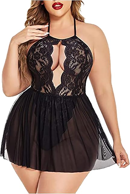 Women Plus Size Lingerie Lace Chemise Sexy Mesh Sleepwear Halter Deep V Teddy Babydoll Nightdress for Sex Naughty Play