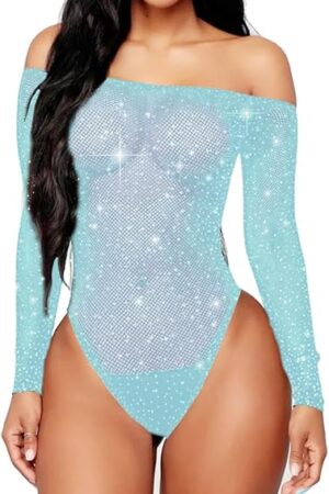 Women Sexy Mesh Bodysuit Fishnet Sparkle Rhinestone Teddy Lingerie Halloween Rave Sheer Outfit