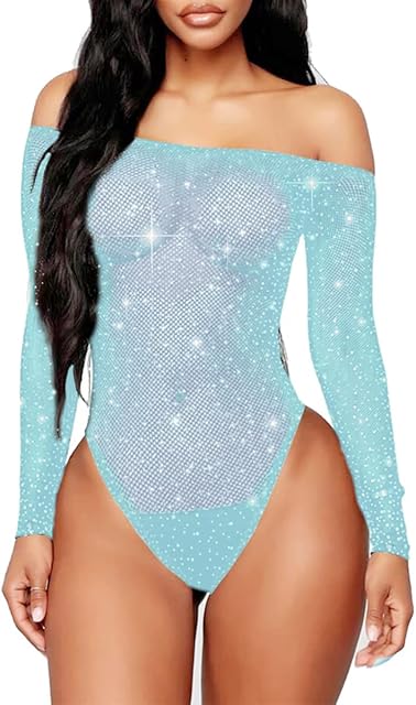 Women Sexy Mesh Bodysuit Fishnet Sparkle Rhinestone Teddy Lingerie Halloween Rave Sheer Outfit