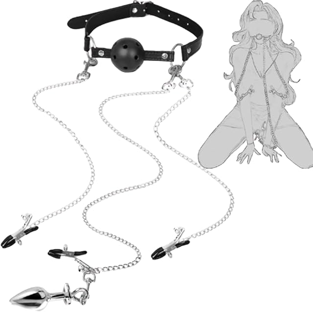 BDSM Bondage Restraint Kit with Breathable Ball Gag, Nipple & Clit Clamps, Stainless Steel Anal Plug ? Adjustable PU Leather Chastity Harness for Sensory Play, Roleplay, and Submissive Training