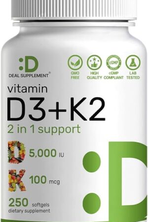 DEAL SUPPLEMENT Vitamin D3 5,000 IU + K2 MK7 Softgels, 250 Count | 2-in-1 Complex | Supports Heart, Bone, Teeth & Immune Health | Easy to Swallow